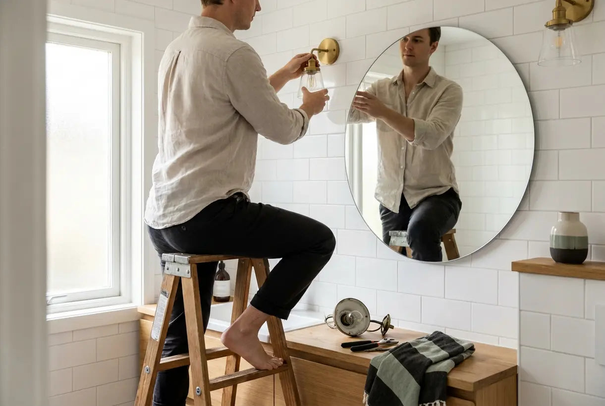DIY bathroom lighting installation in modern Scandinavian bathroom with natural light