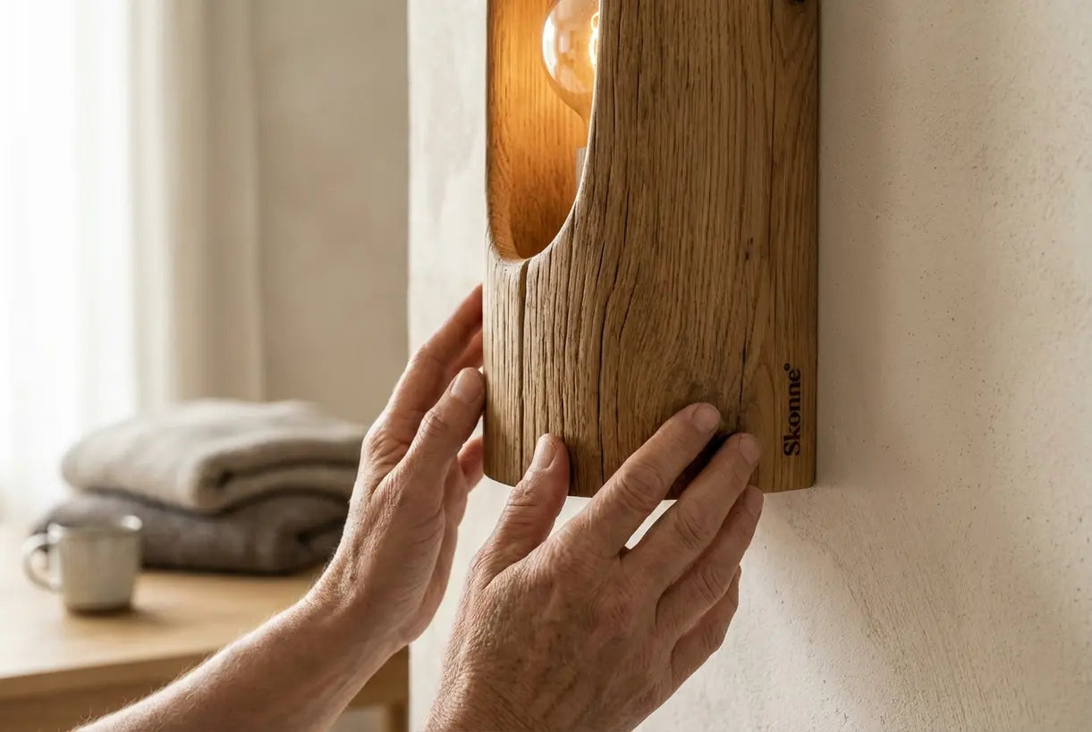 Handen die natuurlijke houten wandlamp nerf textuur organische verlichting aanraken