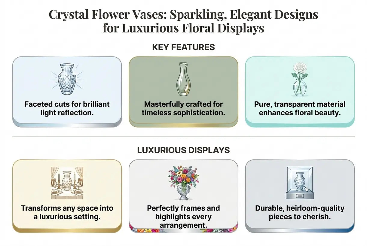 Kristallblumenväsen: Funkelnde, elegante Designs für luxuriöse Blumenarrangements - Infografik