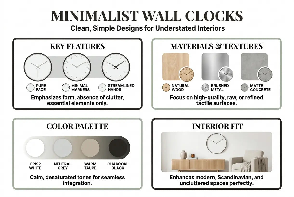 Minimalistische Wanduhren: klare, schlichte Designs für zurückhaltende Interieurs - Infografik