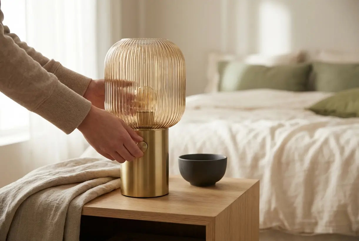 Handen stellen een moderne glazen tafellamp bij op een minimalistisch nachtkastje in zacht natuurlijk licht