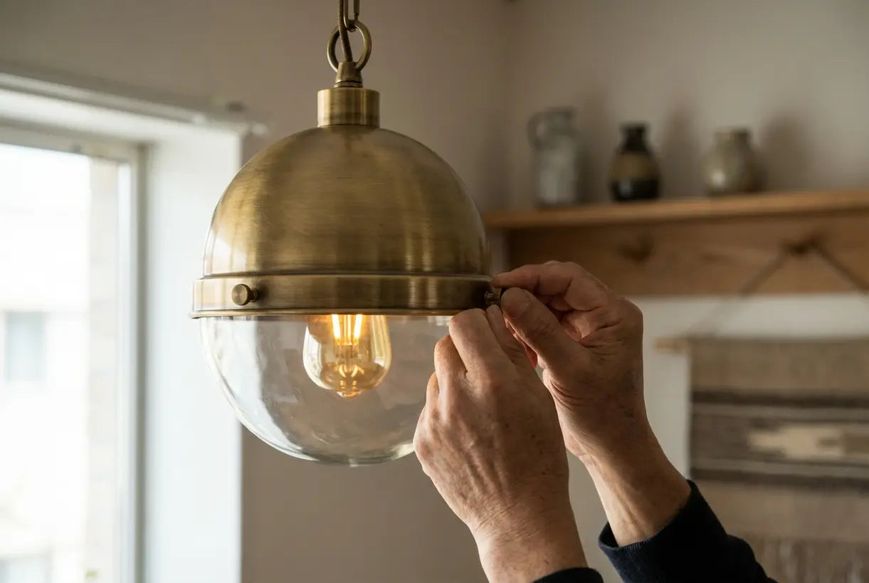 Hands adjusting mid century modern pendant light brass globe fixture