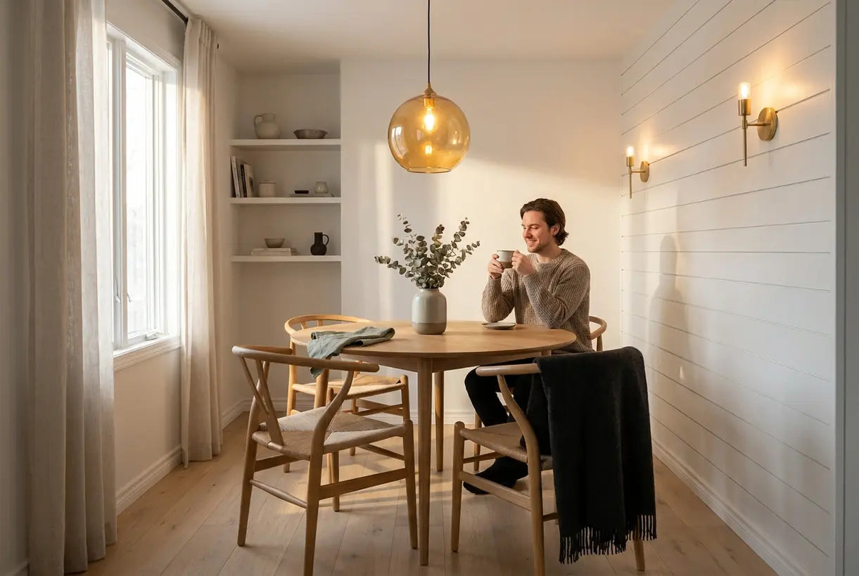 Scandinavian dining nook with layered lighting including pendant light and wall sconces in a compact space