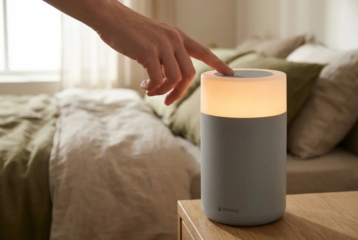 Hand raakt bedieningspaneel van slimme nachtlamp aan, moderne slaapkamerverlichting