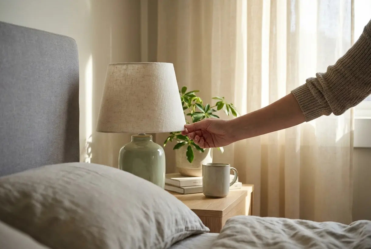 Hand dat bedlampje aanpast, juiste lamphoogte voor Scandinavische slaapkamer tonend