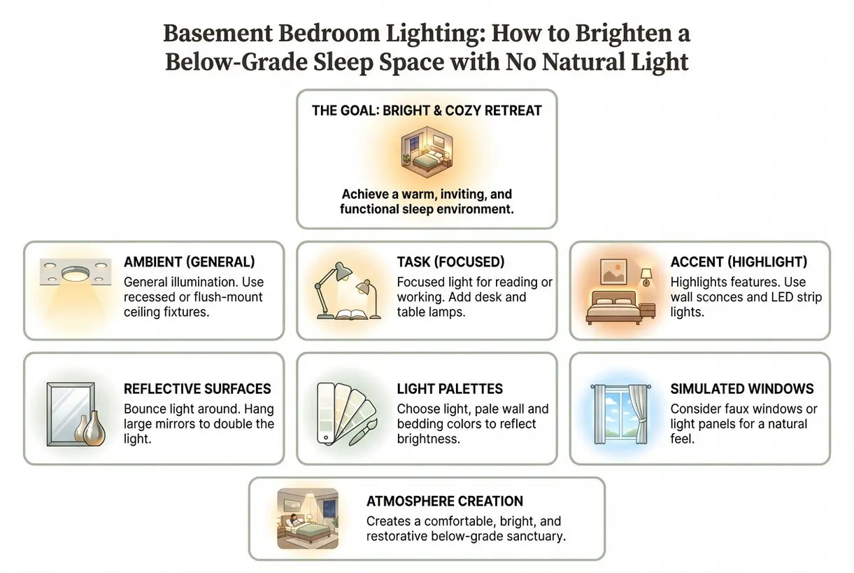 Basement Bedroom Lighting: How to Brighten a Below-Grade Sleep Space with No Natural Light - infographic