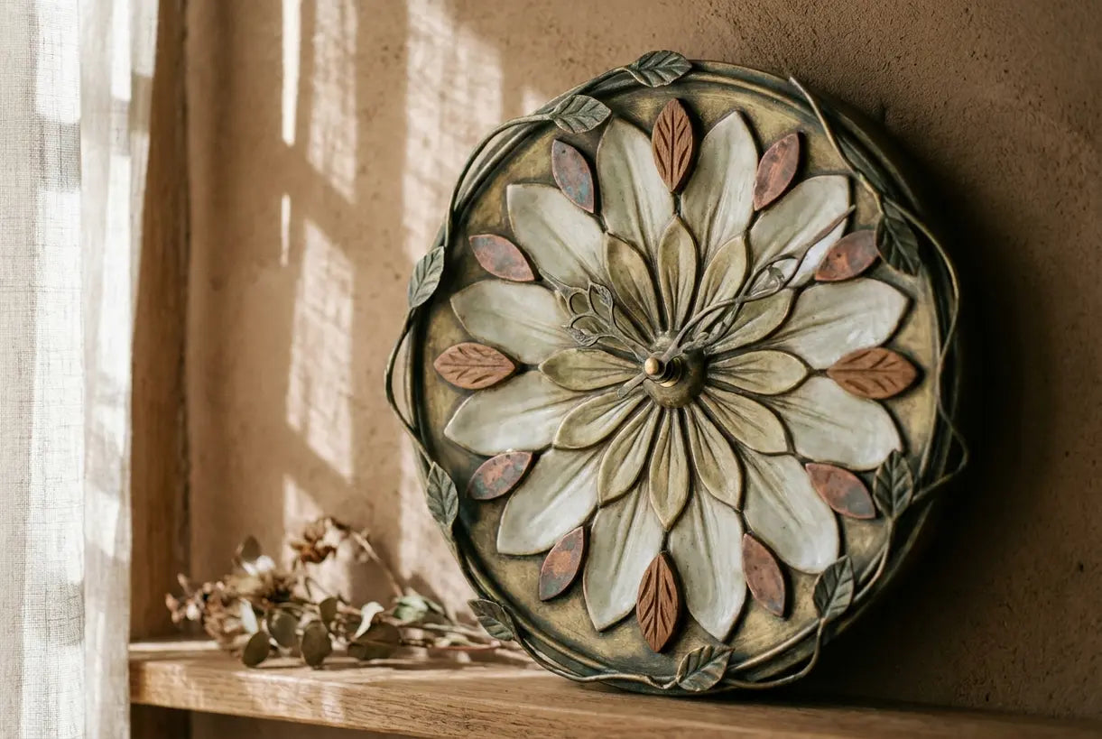 Close-up detail of flower wall clock with botanical petal hour markers