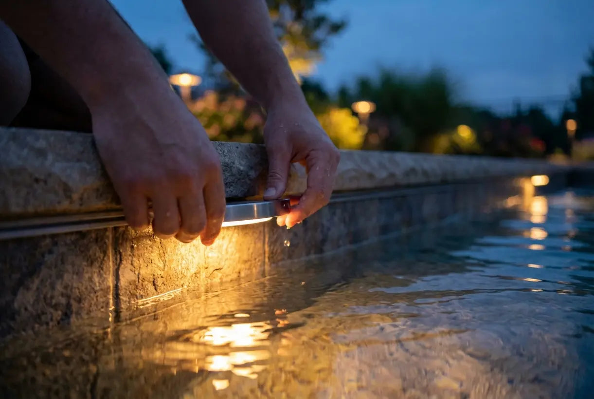 Close-up van handen die onderwaterzwembadverlichting installeren met warme LED-gloed en waterdruppels