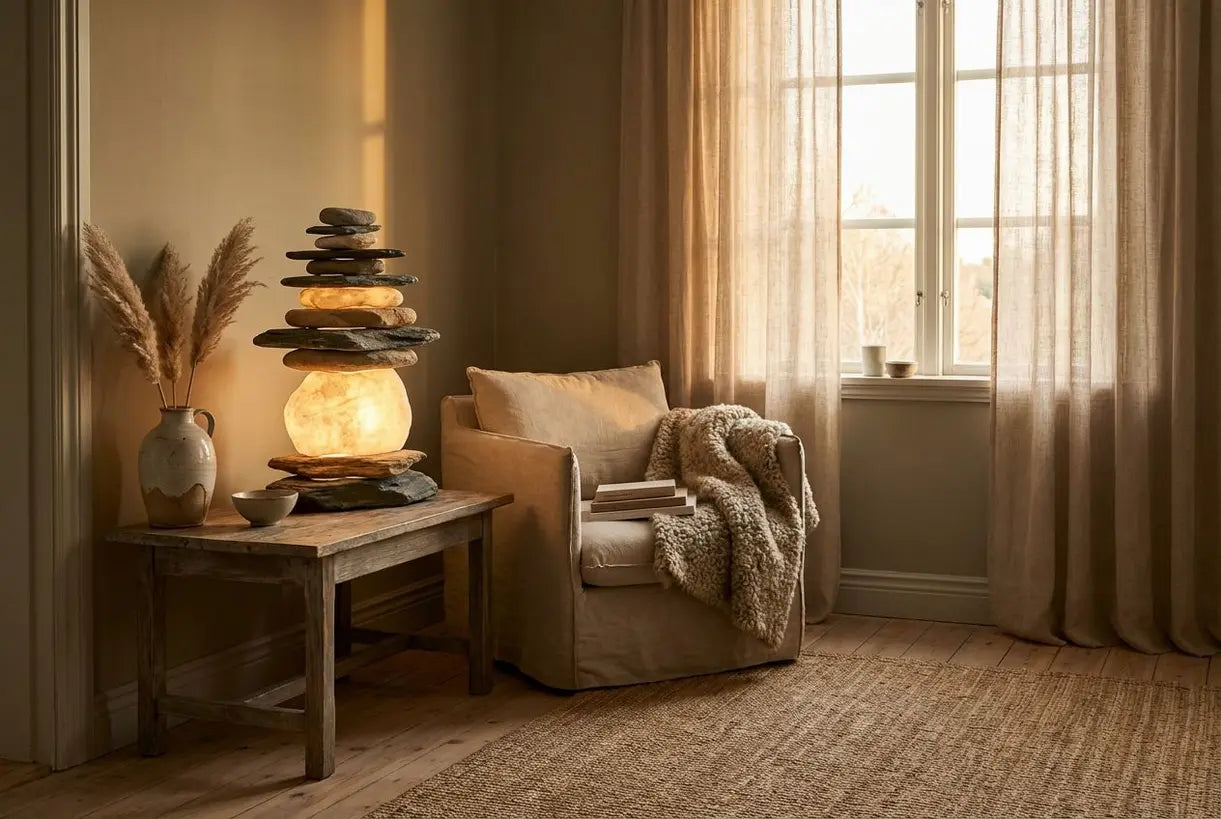 Gestapelde stenen tafellamp in warm Scandinavisch woonkamerinterieur met natuurlijke verlichting