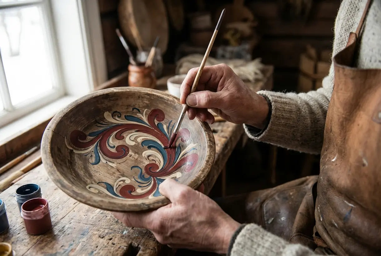 Artisan hands painting traditional Scandinavian rosemaling folk art patterns on wooden surface.