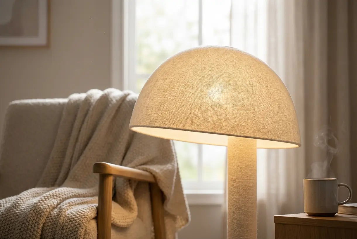 Close-up van koepelvormige paddenstoel vloerlamp met warme omgevingsgloed