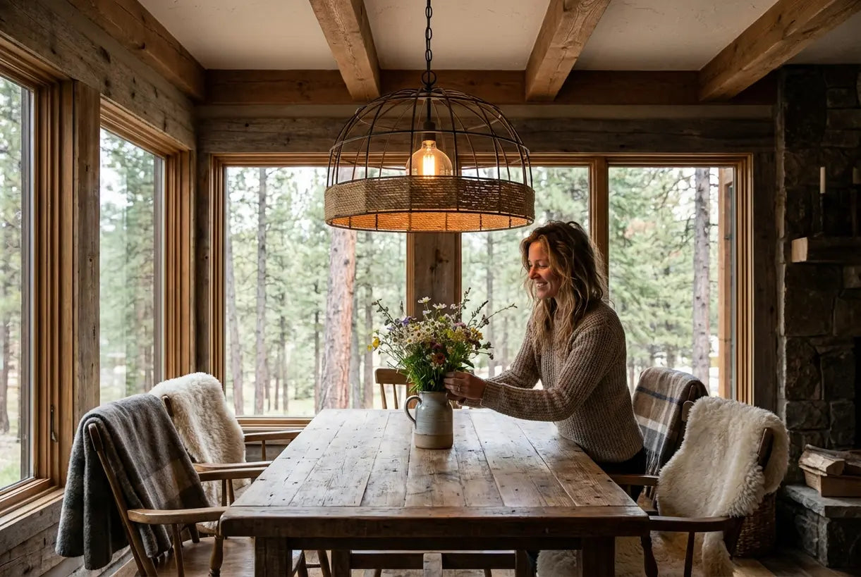 Rustieke hanglamp boven boerderij-eettafel in gezellige blokhut