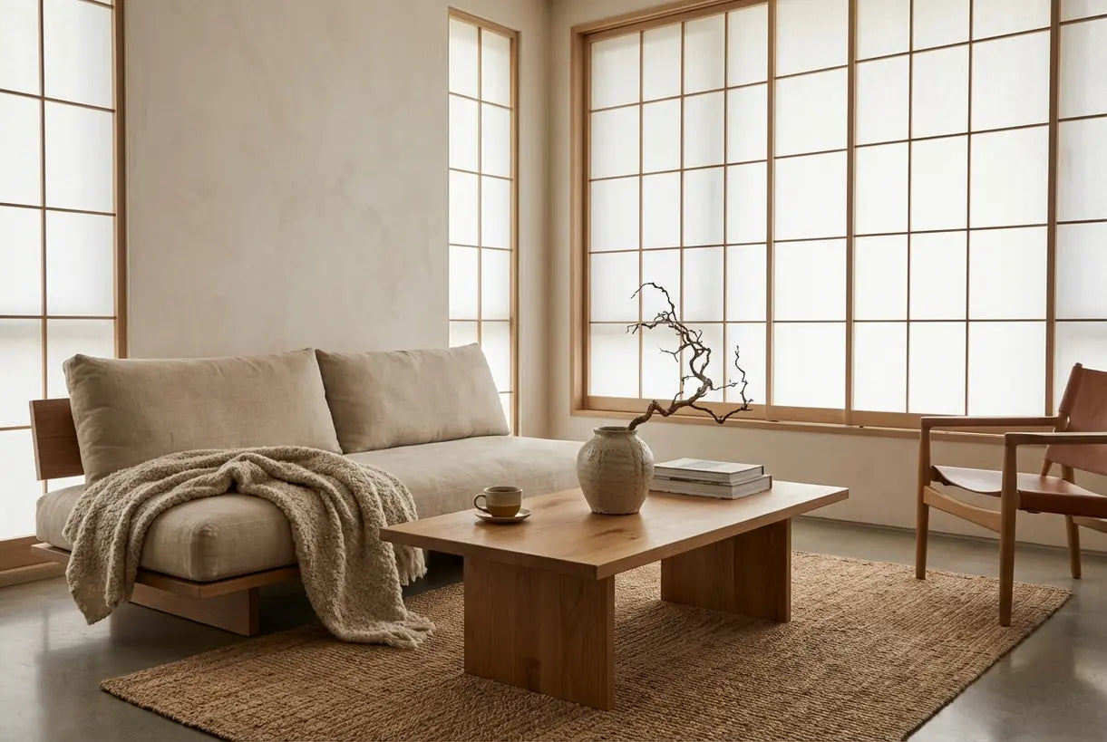 Japandi interior design living room with natural wood furniture and minimal decor