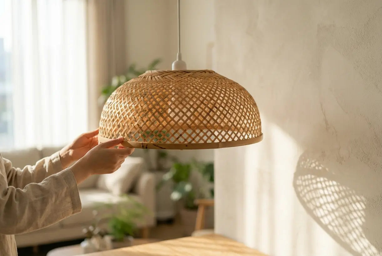 Hands adjusting woven bamboo pendant light shade with natural light