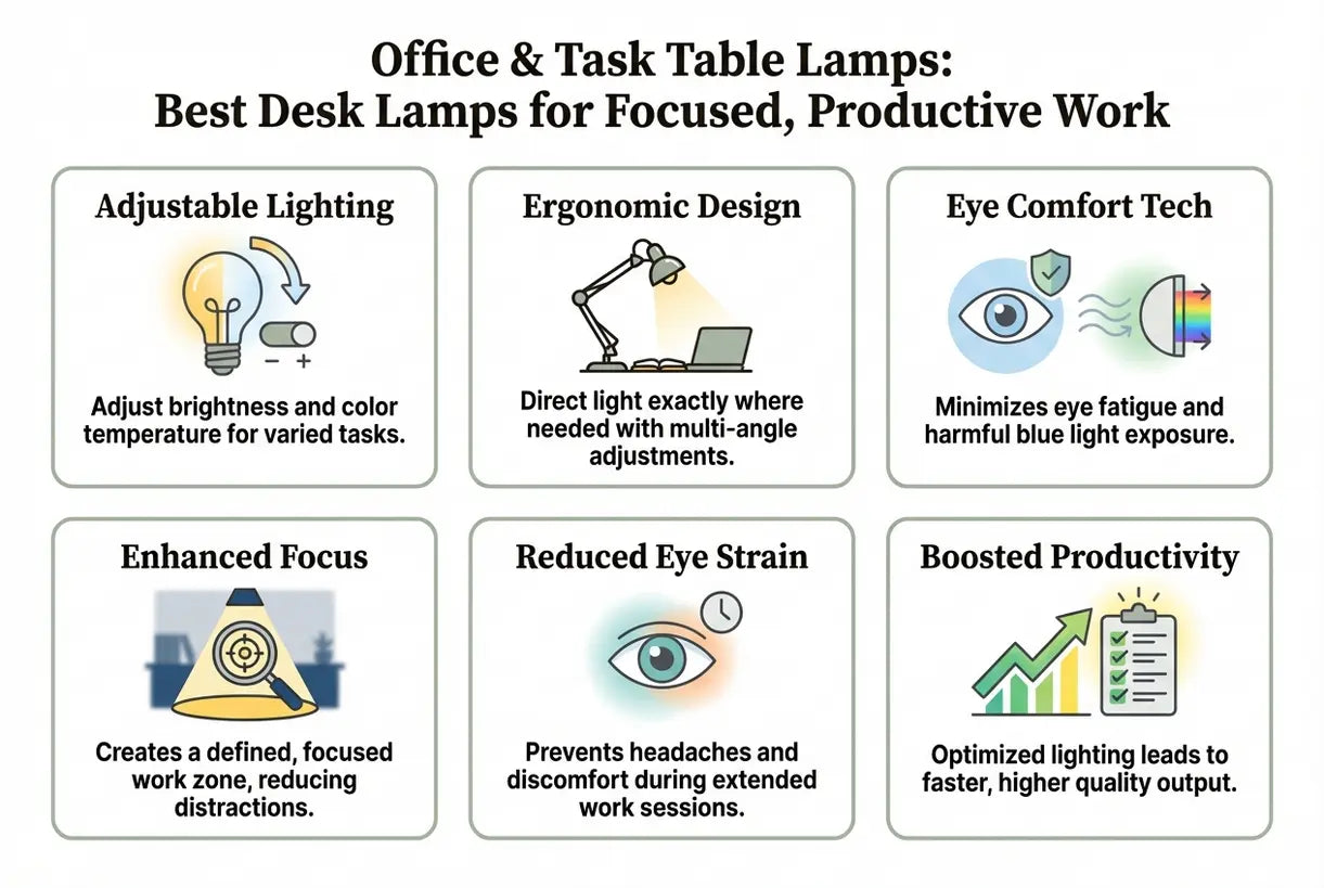Kantoor- en taaktafellampen: Beste bureaulampen voor gericht, productief werk - infographic
