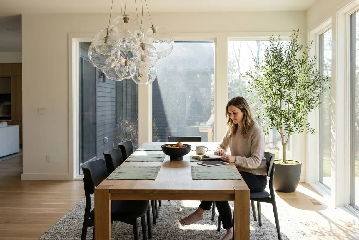 Contemporary dining room with sculptural modern pendant light above wooden table in Scandinavian interior