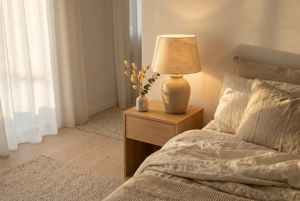 Scandinavische slaapkamer met een handgemaakte keramische tafellamp die warm brandt op een eiken nachtkastje