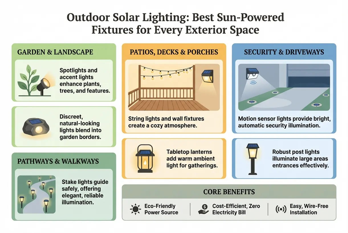 Buitenverlichting op zonne-energie: beste zon-aangedreven armaturen voor elke buitenruimte - infographic