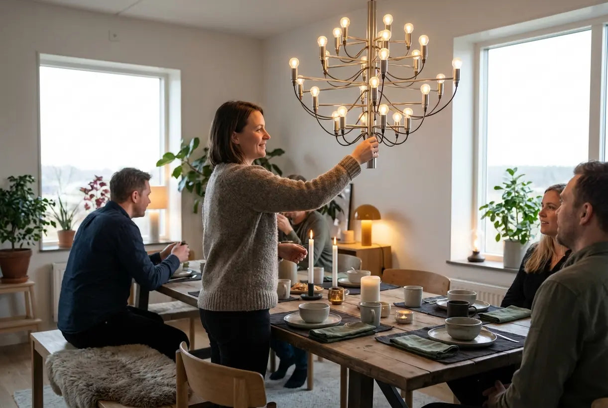 Modern brushed nickel chandelier in Scandinavian dining room with person enjoying warm atmosphere