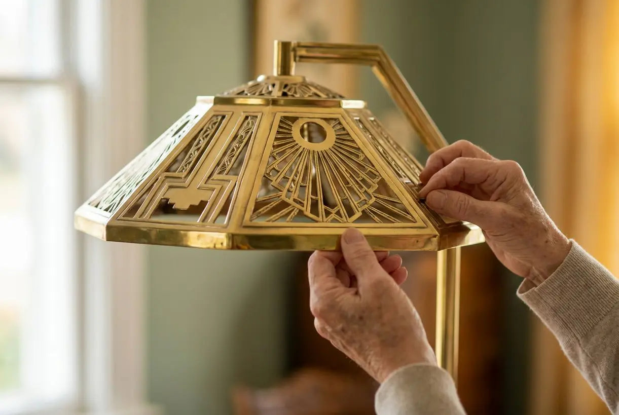 Close-up van handen die een Art Deco messing vloerlampenkap met geometrische patronen verstellen