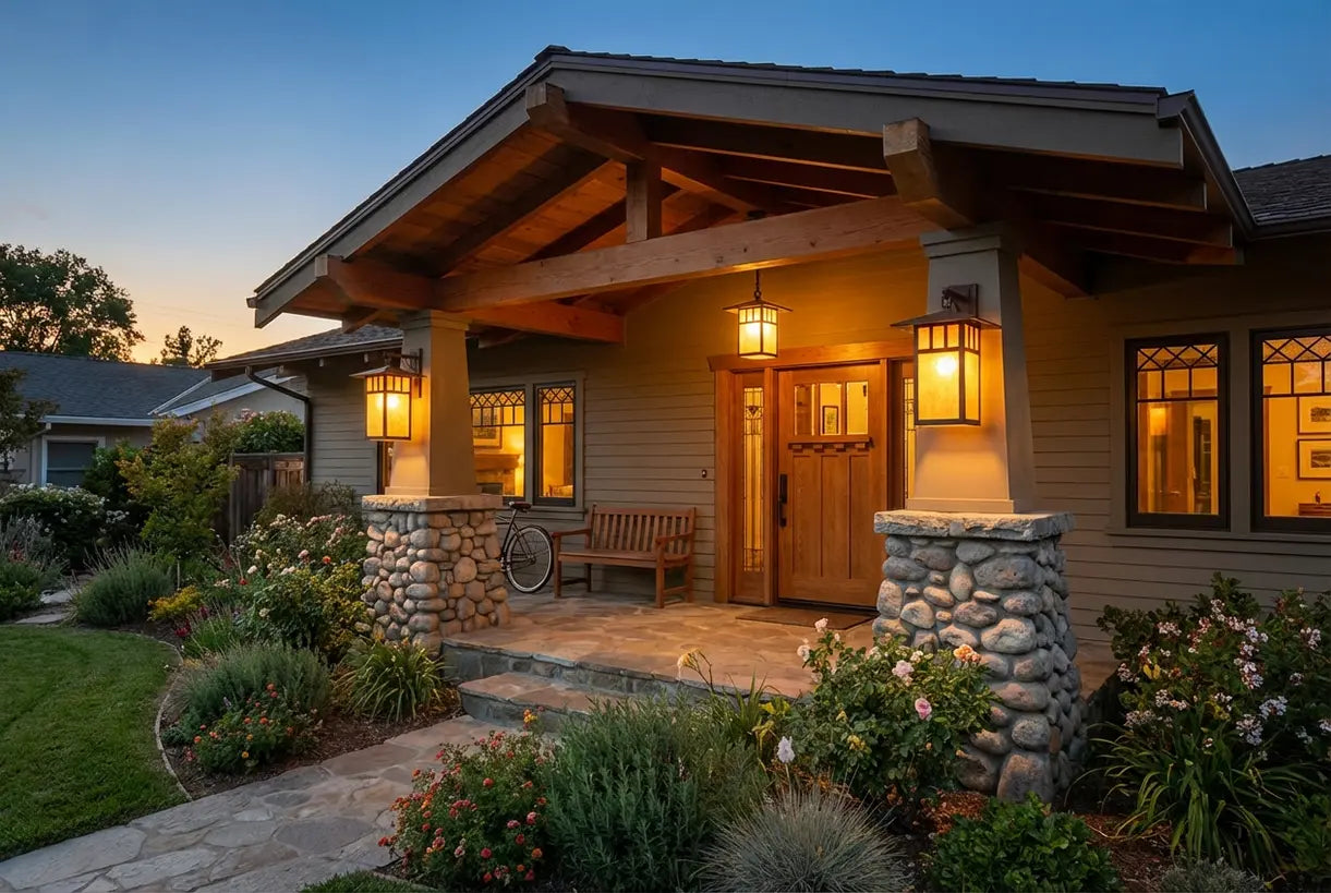 Craftsman style home exterior met missie buitenverlichtingsarmaturen die gloeien in de schemering