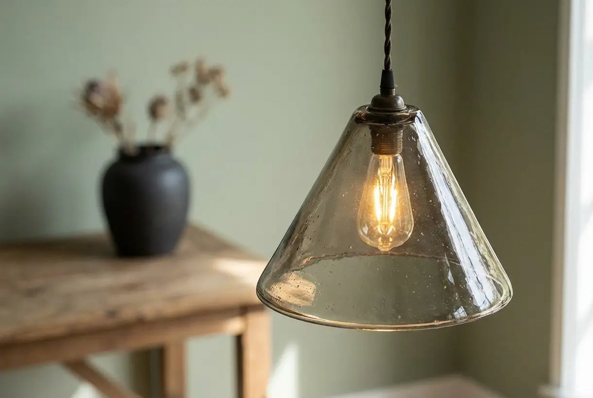 Close-up van conische glazen hanglamp met taps toelopende trechtervorm en warme verlichting