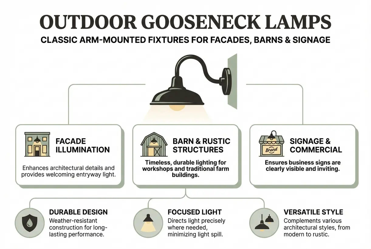 Buitenlampen met zwanenhals: Klassieke aan de muur gemonteerde armaturen voor gevels, schuren en reclameborden - infographic