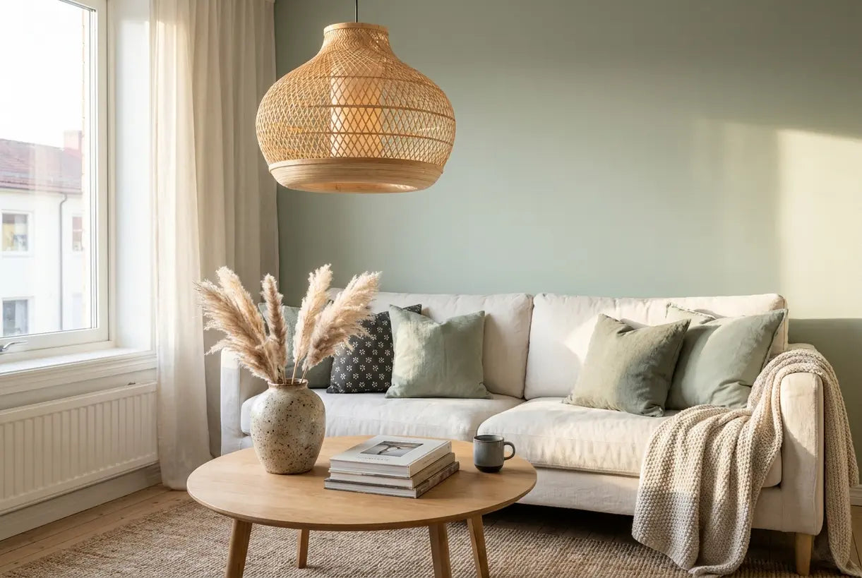 Scandinavian living room with sage green walls and cozy hygge decor
