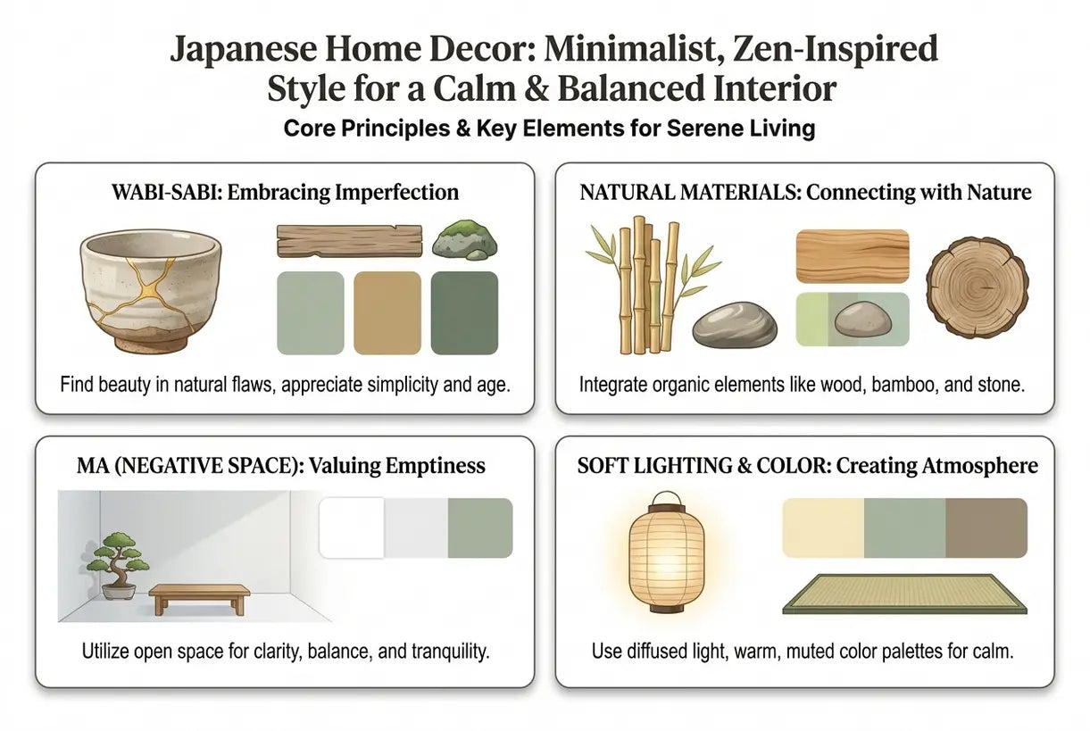 Japanese Home Decor: Minimalist, Zen-Inspired Style for a Calm & Balanced Interior - infographic