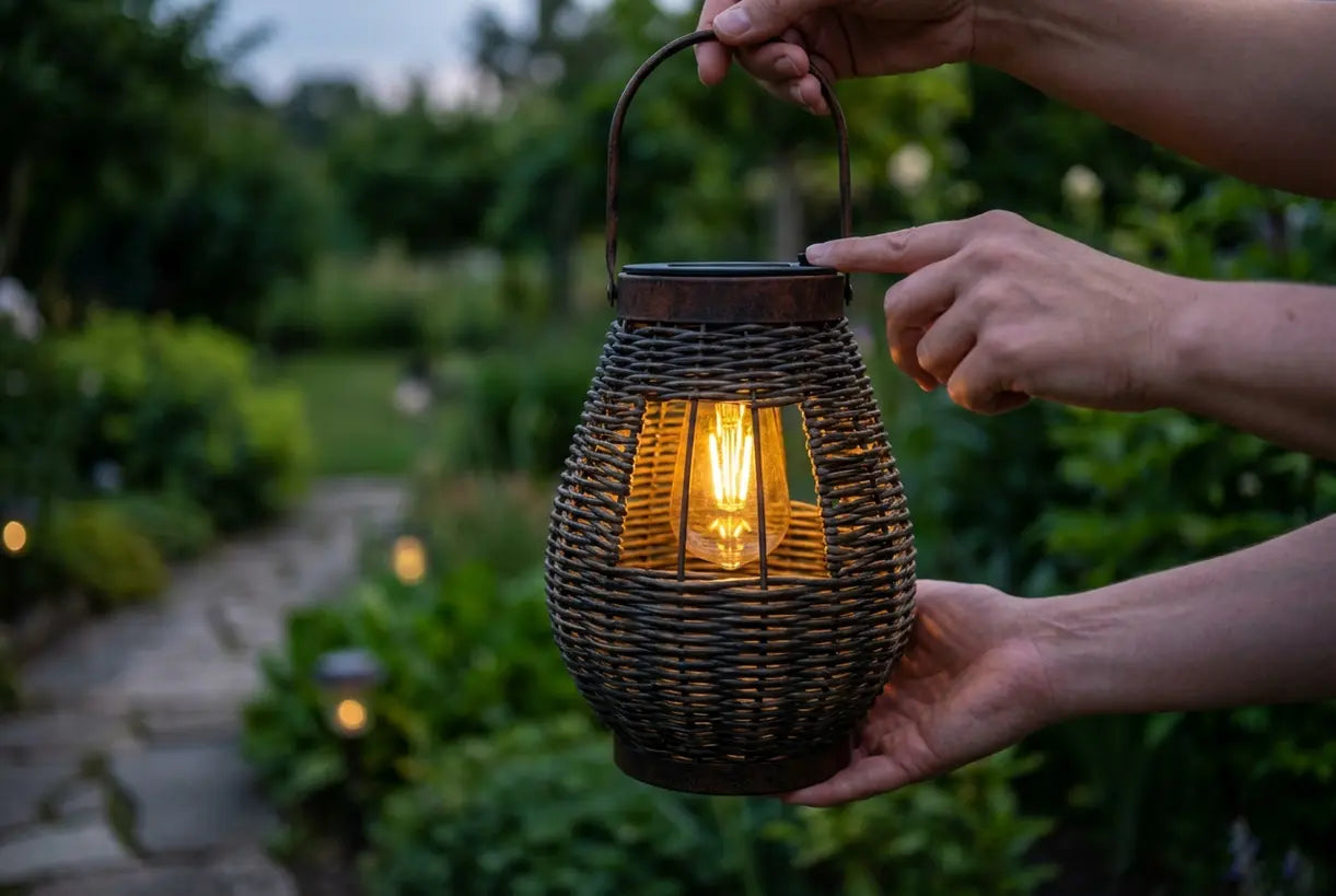 Handen zetten in de schemering een moderne solarlantaarn met warme amberkleurige gloed in de tuin