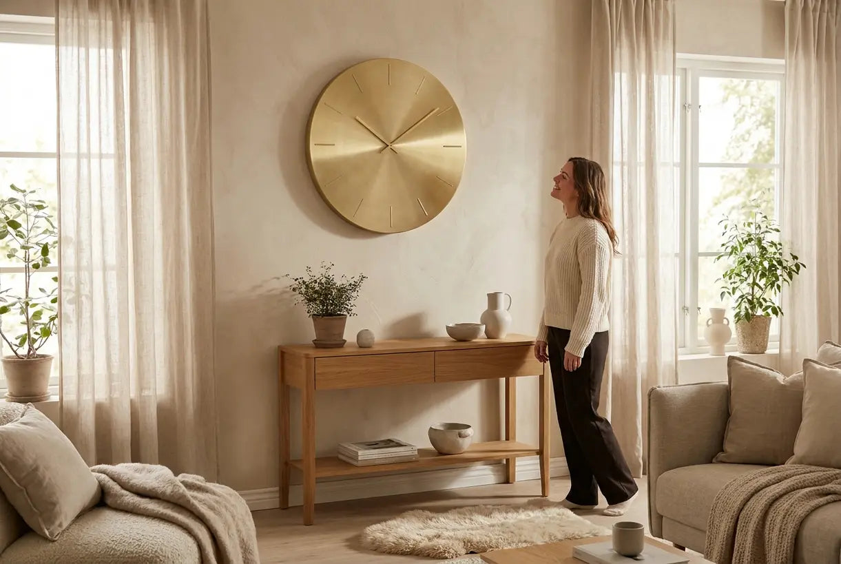 Scandinavische woonkamer met een opvallende gouden wandklok en elegante decoratie