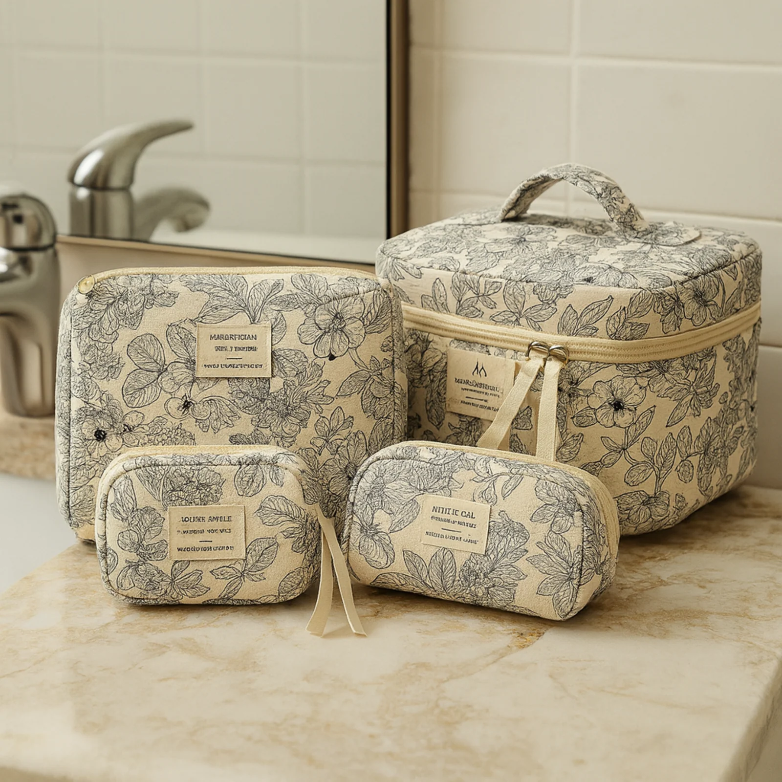 Vintage Floral Quilted Makeup Bag Set 4-Piece, Bags, Blomva