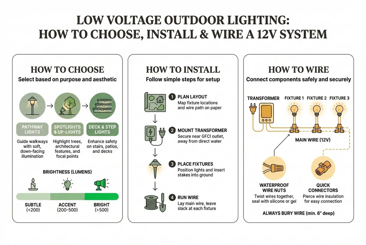 Laagspanning Buitenverlichting: Hoe een 12V Systeem te Kiezen, Installeren & Bedraden - infographic