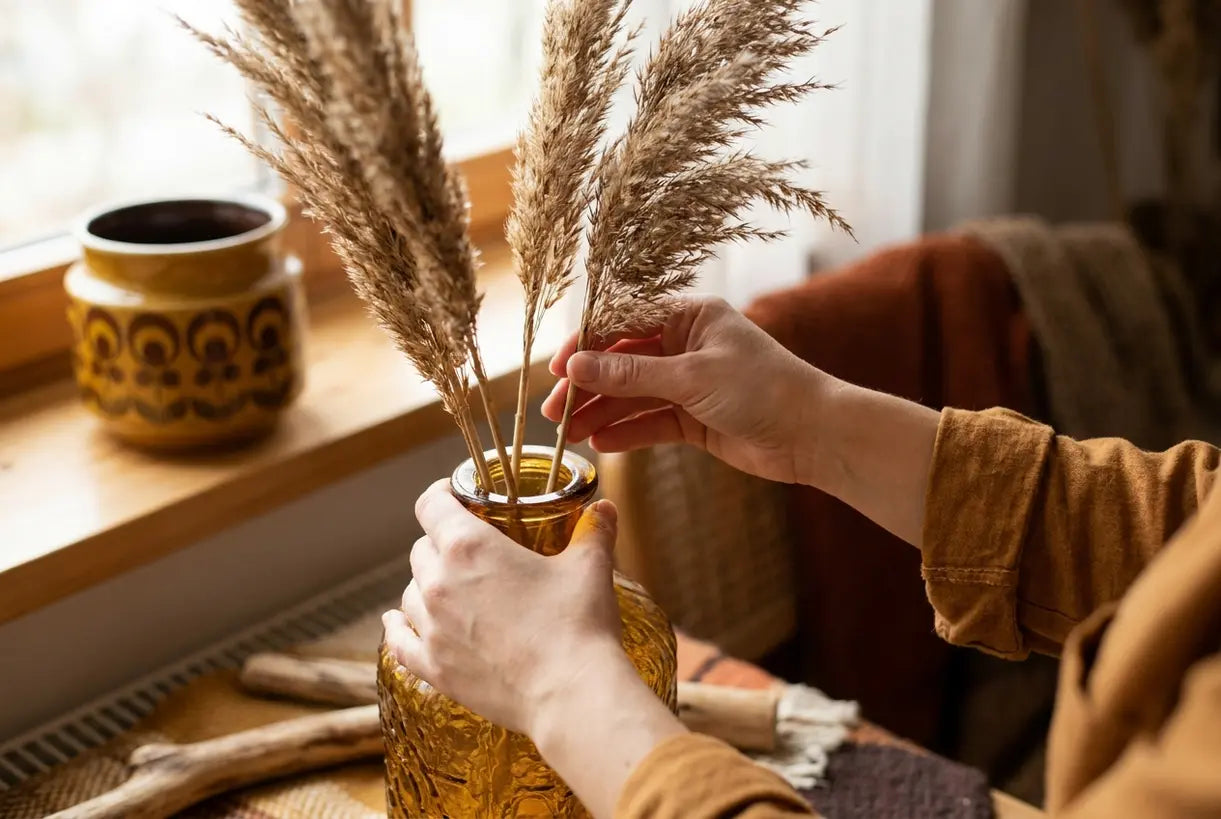 Hands arranging dried pampas grass in amber glass vase with 70s home decor style