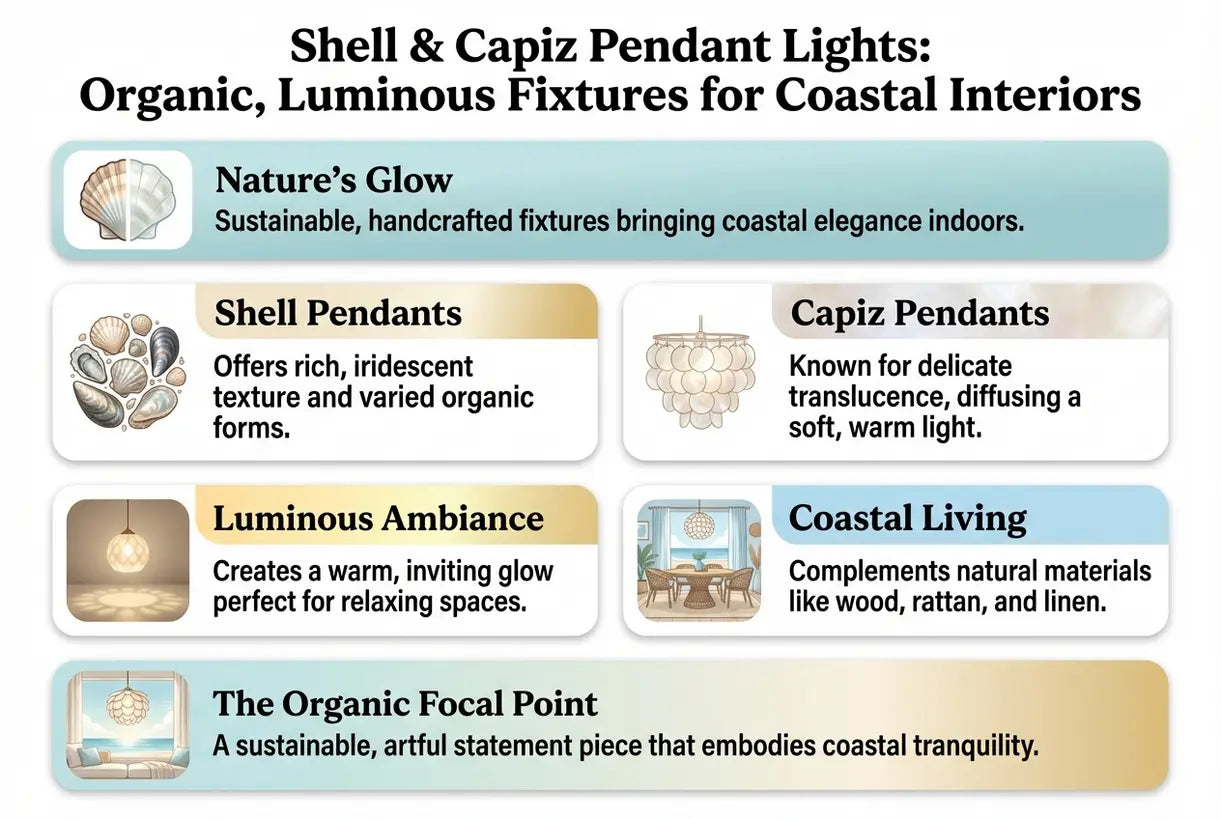 Hanglampen van schelpen en capiz: organische, lichtgevende armaturen voor kustinterieurs - infographic