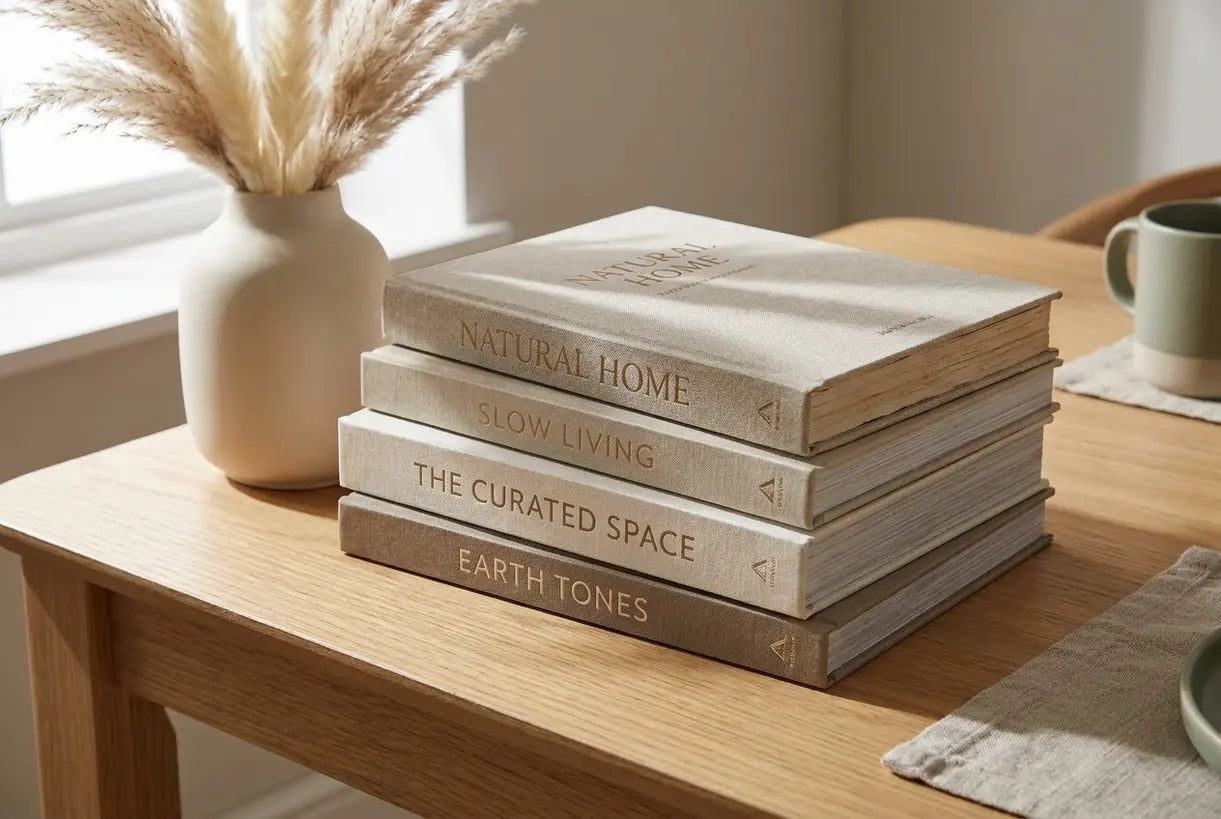 Curated stack of beautiful home decor books on light oak surface with dried flowers