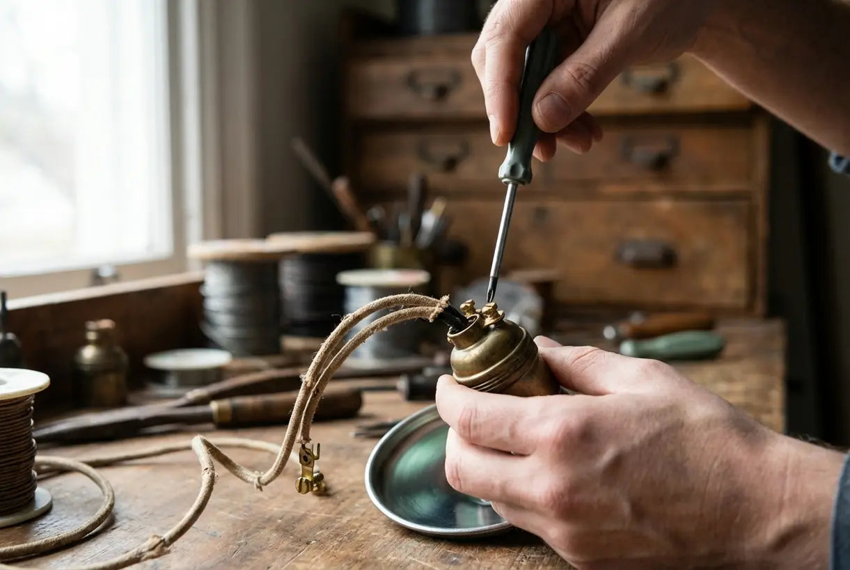 Close-up van handen die lampfitting repareren met schroevendraaier tijdens doe-het-zelf tafellampreparatie