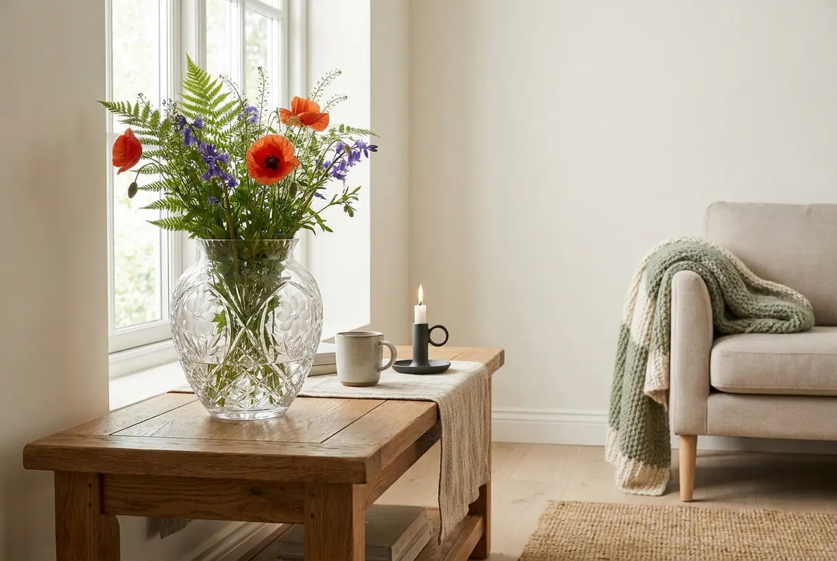 Vase aus geätztem Glas in skandinavischer Inneneinrichtung mit frischen Wildblumen auf Holzoberfläche