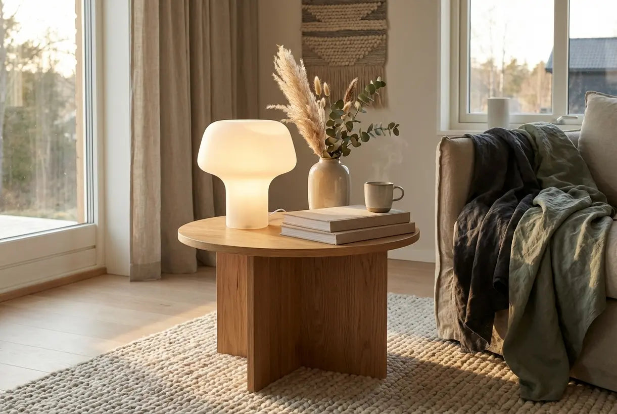 Scandinavische woonkamerhoek met matglazen tafellamp op eikenhouten bijzettafel