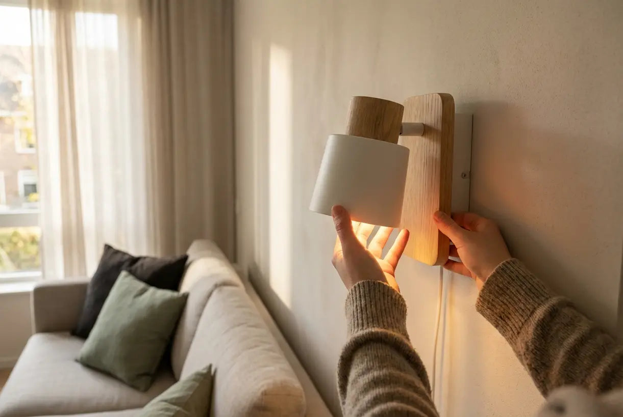 Hands adjusting a Scandinavian wall sconce with warm ambient lighting