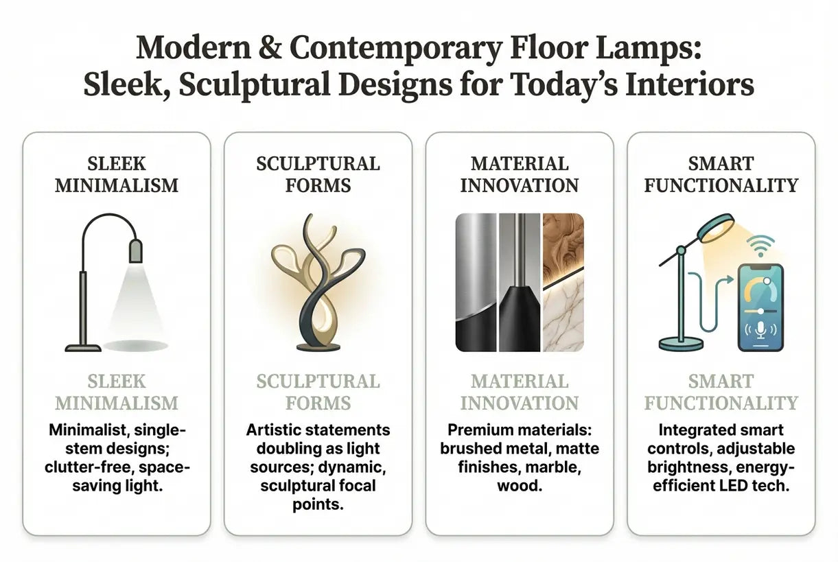 Moderne & Eigentijdse Vloerlampen: Strakke, Sculpturale Ontwerpen voor Hedendaagse Interieurs - infographic