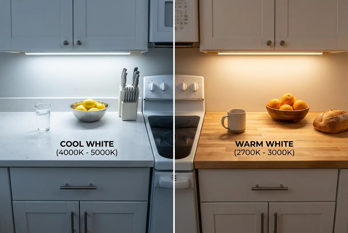 Side-by-side comparison of cool and warm under cabinet lighting