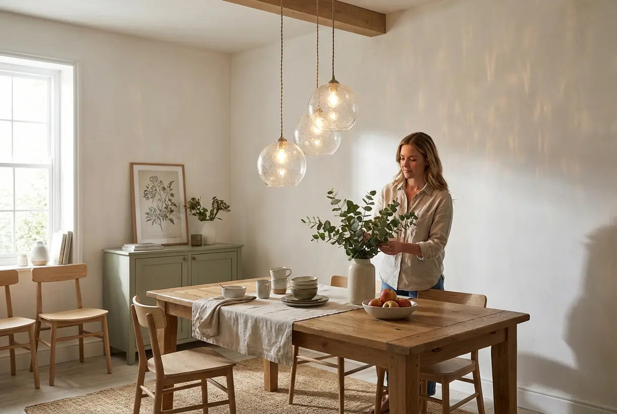 Scandinavische eetkamer met glazen hanglampen met zaadjes die warme sfeerverlichting creëren