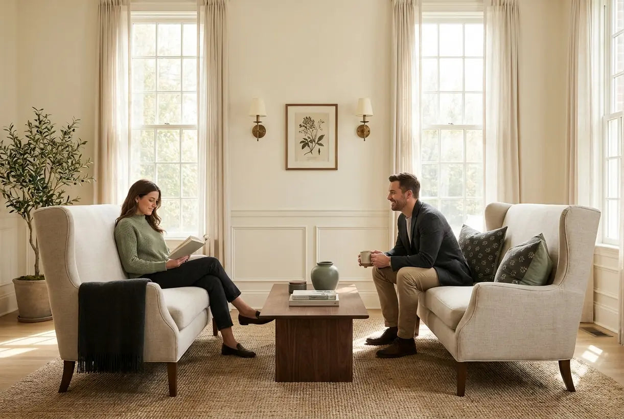 Modern colonial living room interior design blending heritage wainscoting with contemporary furniture