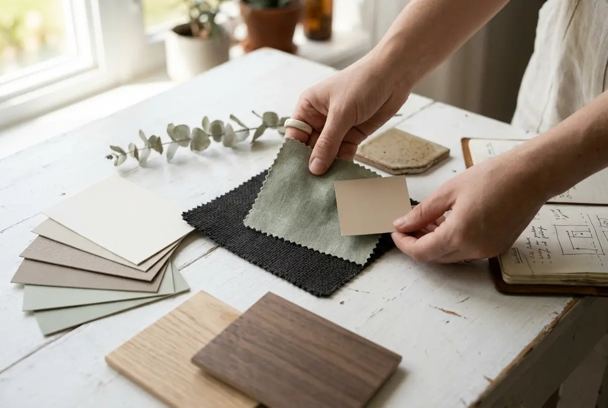 Hands arranging fabric swatches and texture samples for interior design moodboard creation