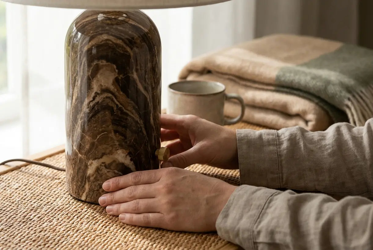 Close-up van de voet van een lamp van bruin marmer met natuurlijke steenaders en textuur