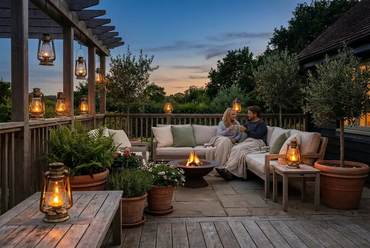 Buitenpatio tuin verlicht door klassieke olielampen die een warme sfeervolle ambiance creëren