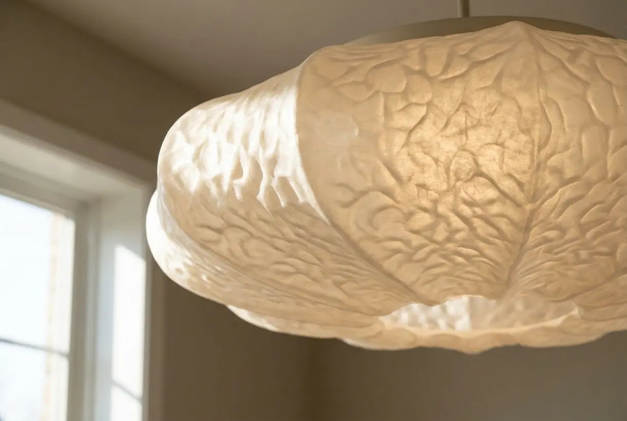 Close-up van de Kupa, een grote plafondlamp voor vlakke montage, met driekleurige led en een gestructureerde ivoorkleurige kap