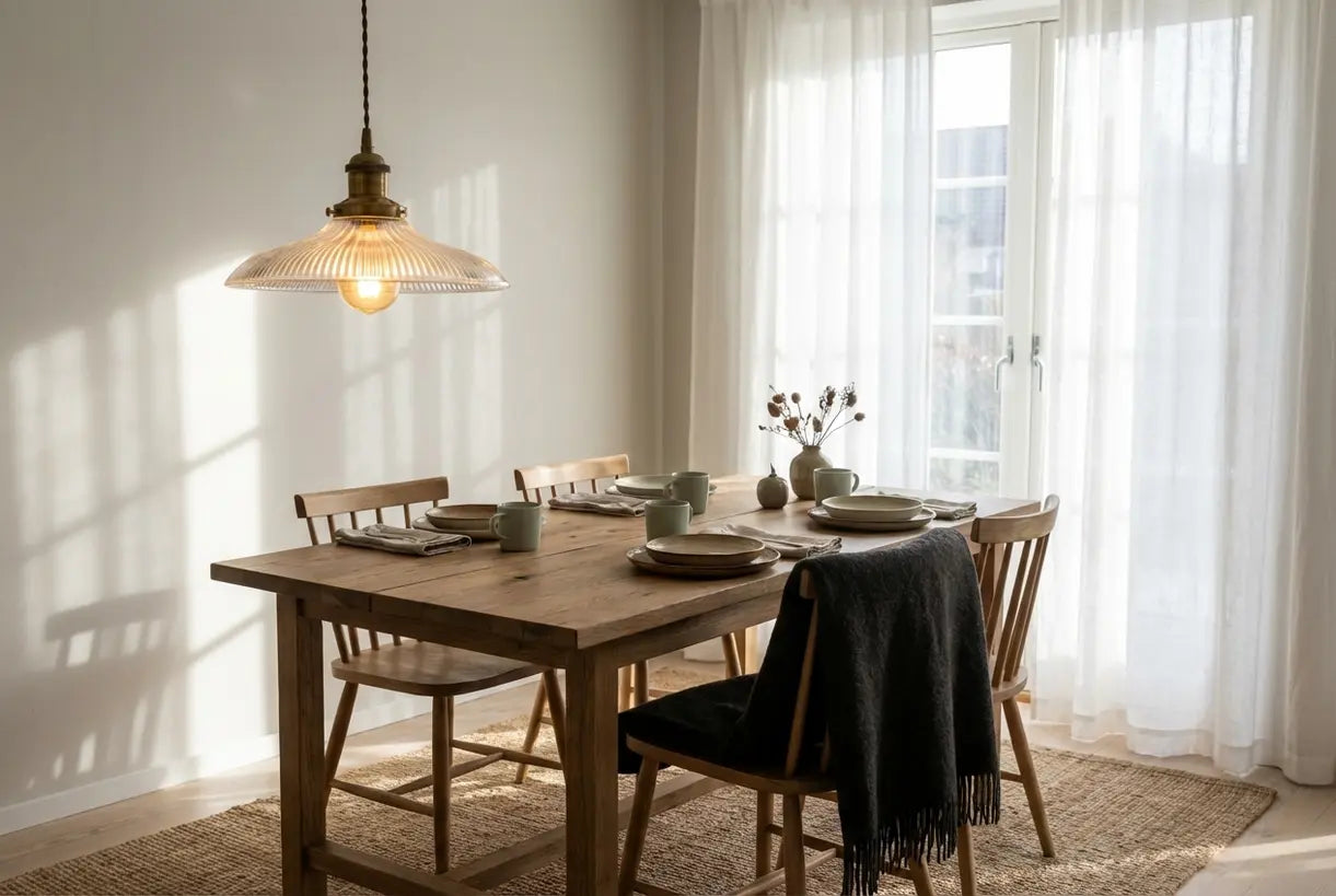 Scandinavische eetkamer met vintage hanglamp die gloeit boven een eikenhouten tafel met natuurlijk licht