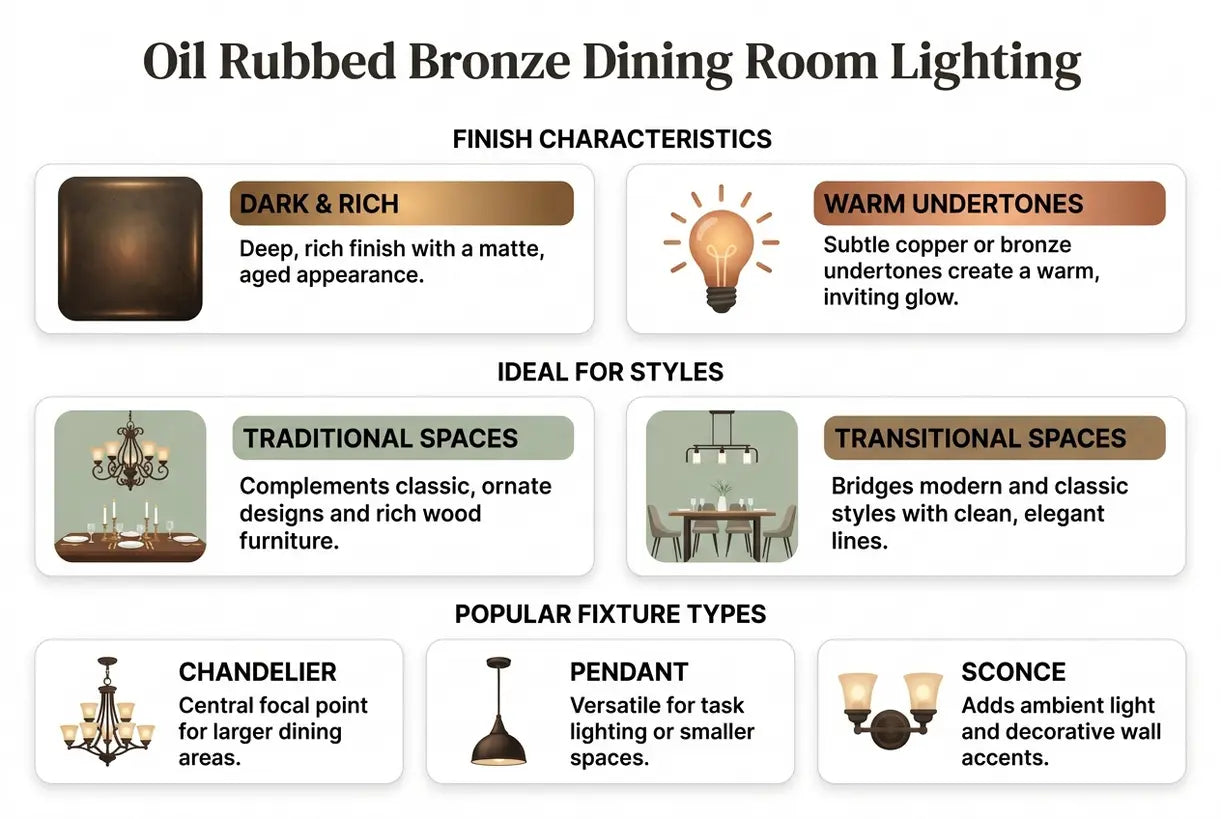 Oil Rubbed Bronze Dining Room Lighting: Dark, Warm Metallic Fixtures for Traditional & Transitional Dining Spaces - infographic